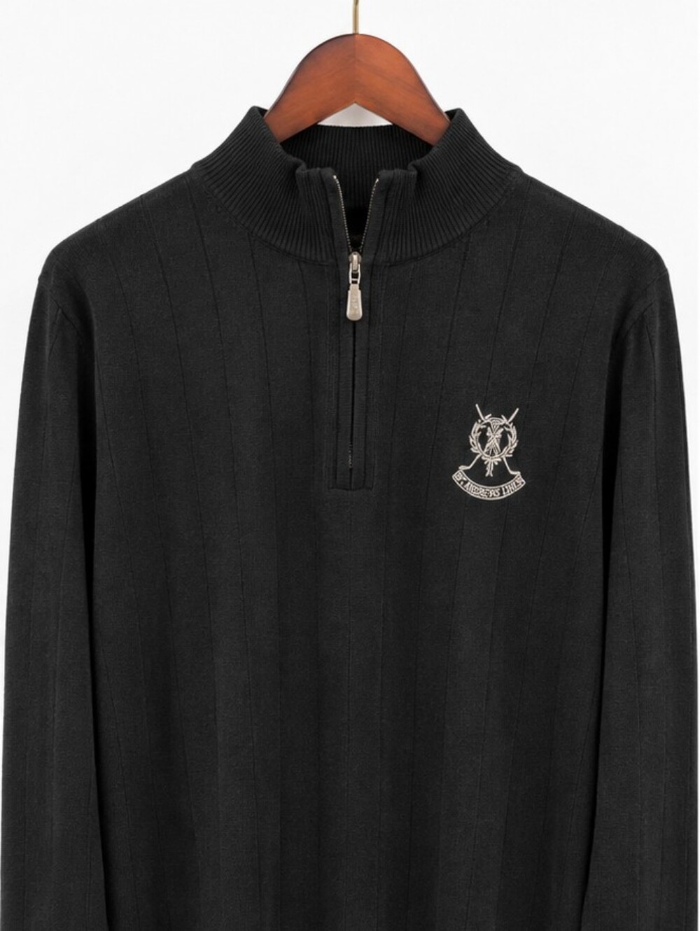 Bobby Jones Black Quarter-Zip Ribbed Sweater with St. Andrews Link Golf Sweater
